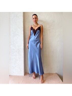 SIR the label Dusty Blue Satin Slip Dress with Brown Lace Trim